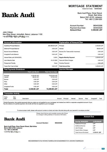 Download Lebanon Bank Audi mortgage statement Word and PDF template Photoshop template